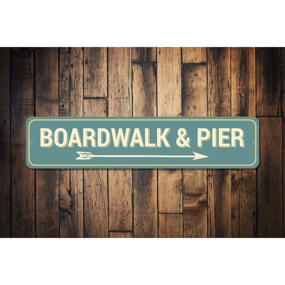 Decorative Boardwalk & Pier Sign made of high-quality aluminum, featuring a coastal design perfect for home decor.