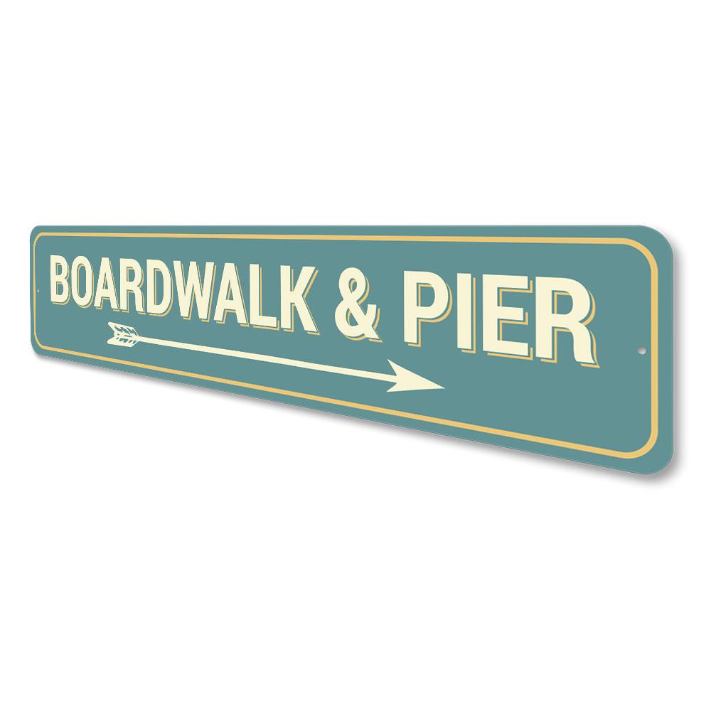 Decorative Boardwalk & Pier Sign made of high-quality aluminum, featuring a coastal design perfect for home decor.