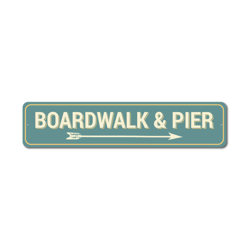 Decorative Boardwalk & Pier Sign made of high-quality aluminum, featuring a coastal design perfect for home decor.