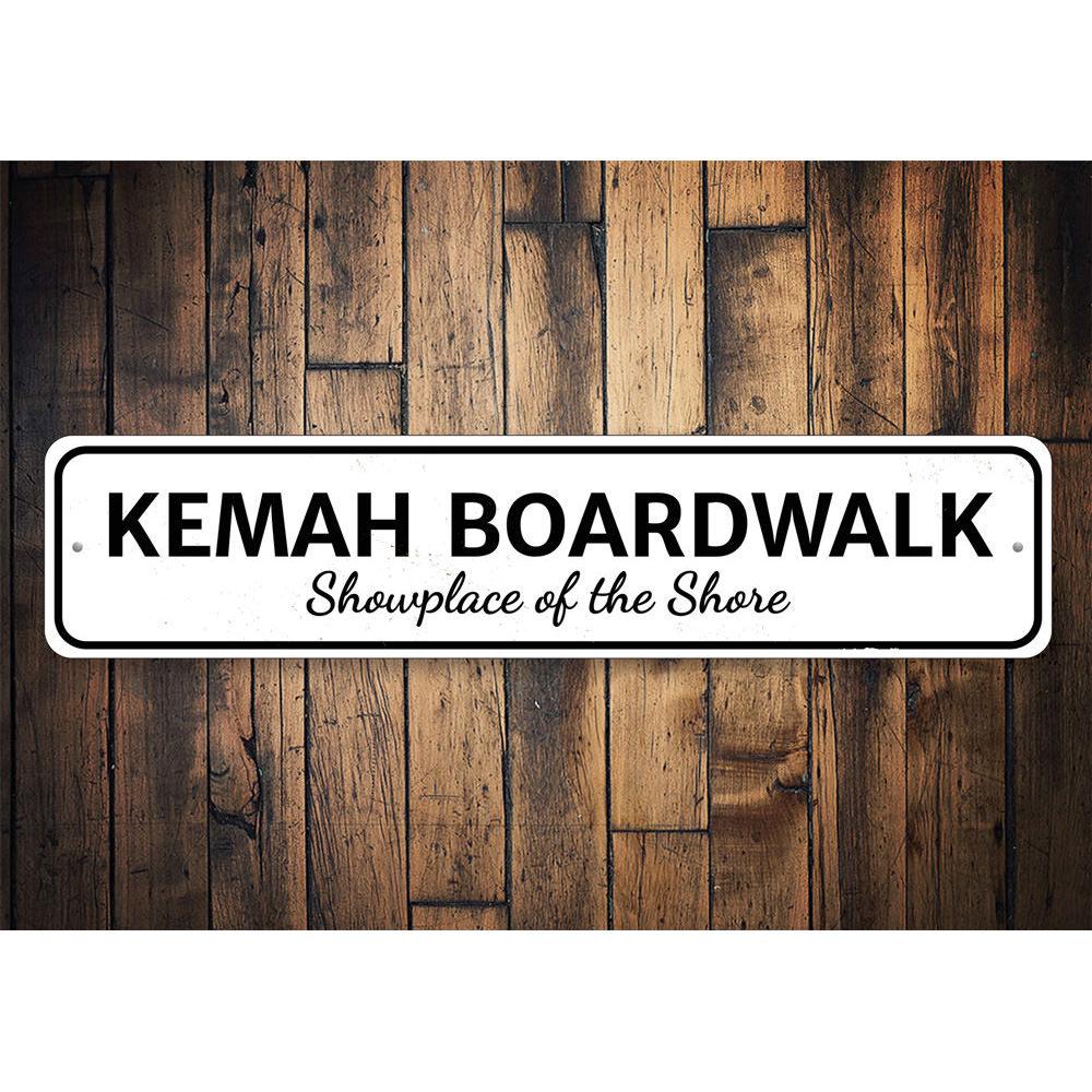 Customizable Boardwalk Showplace Sign made of high-quality aluminum, featuring pre-drilled holes for easy mounting.