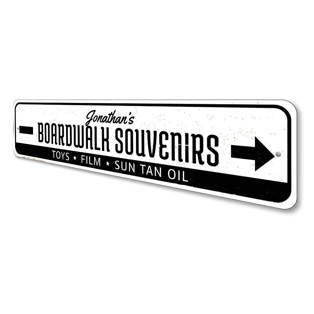 A decorative Boardwalk Souvenirs Sign made of high-quality aluminum, featuring customizable text and pre-drilled holes for easy mounting.