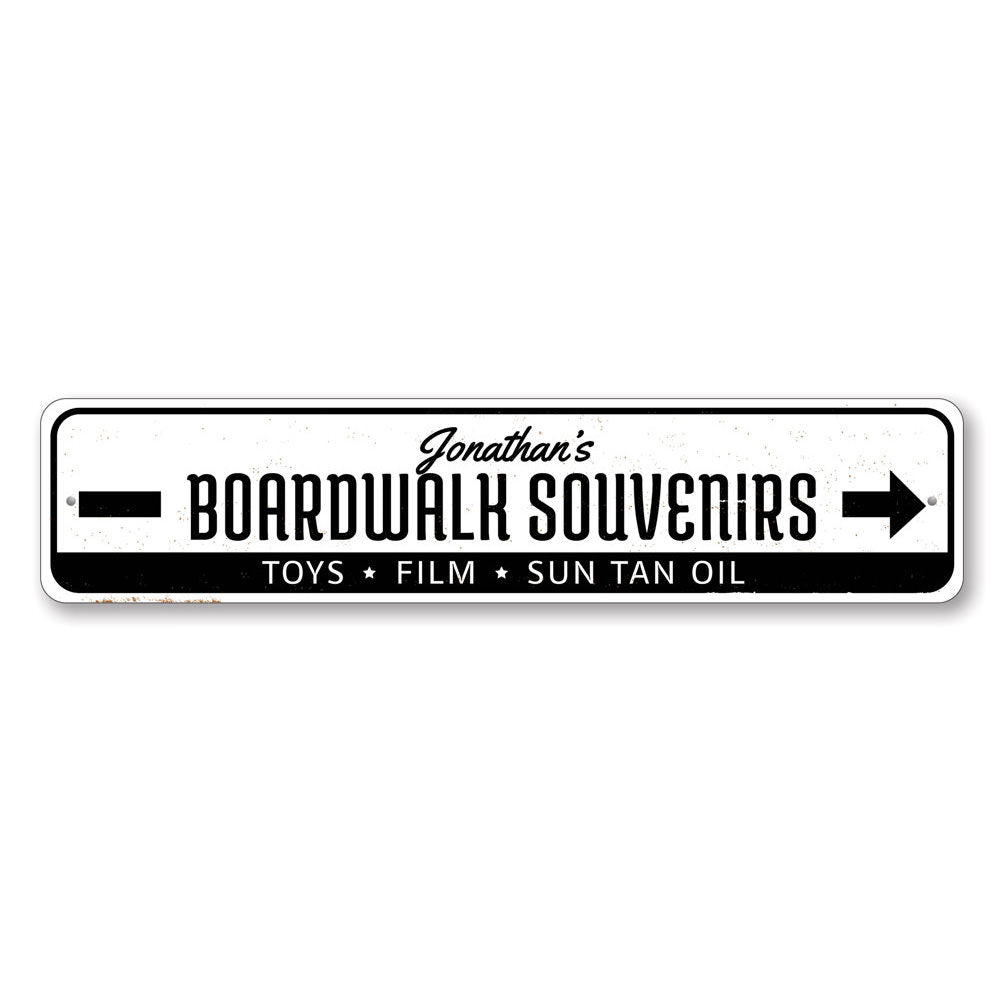 A decorative Boardwalk Souvenirs Sign made of high-quality aluminum, featuring customizable text and pre-drilled holes for easy mounting.