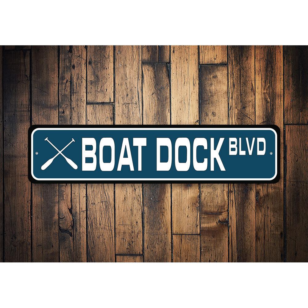 Boat Dock Street Sign made of durable aluminum, featuring customizable text and pre-drilled holes for easy mounting.