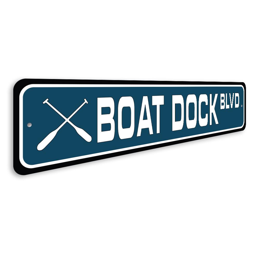 Boat Dock Street Sign made of durable aluminum, featuring customizable text and pre-drilled holes for easy mounting.