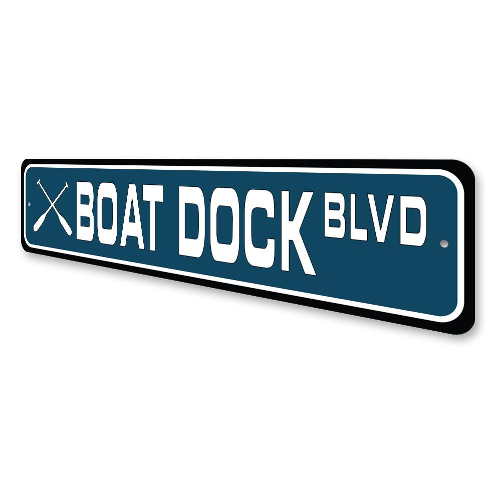 Boat Dock Street Sign made of durable aluminum, featuring customizable text and pre-drilled holes for easy mounting.