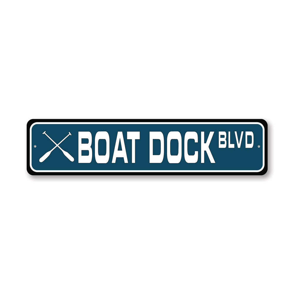 Boat Dock Street Sign made of durable aluminum, featuring customizable text and pre-drilled holes for easy mounting.