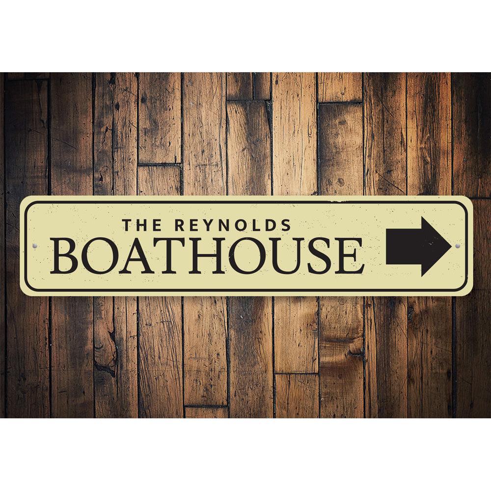 Boat House Arrow Sign made of durable aluminum, featuring customizable text and a rustic design, perfect for lakehouse decor.