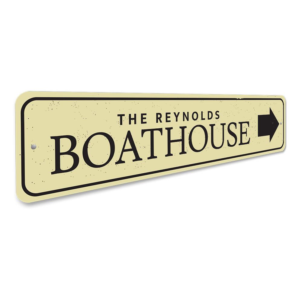 Boat House Arrow Sign made of durable aluminum, featuring customizable text and a rustic design, perfect for lakehouse decor.