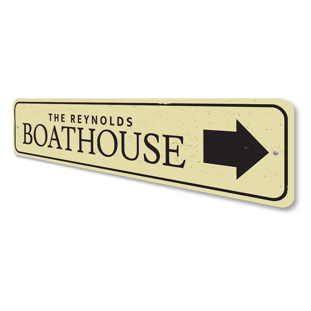 Boat House Arrow Sign made of durable aluminum, featuring customizable text and a rustic design, perfect for lakehouse decor.