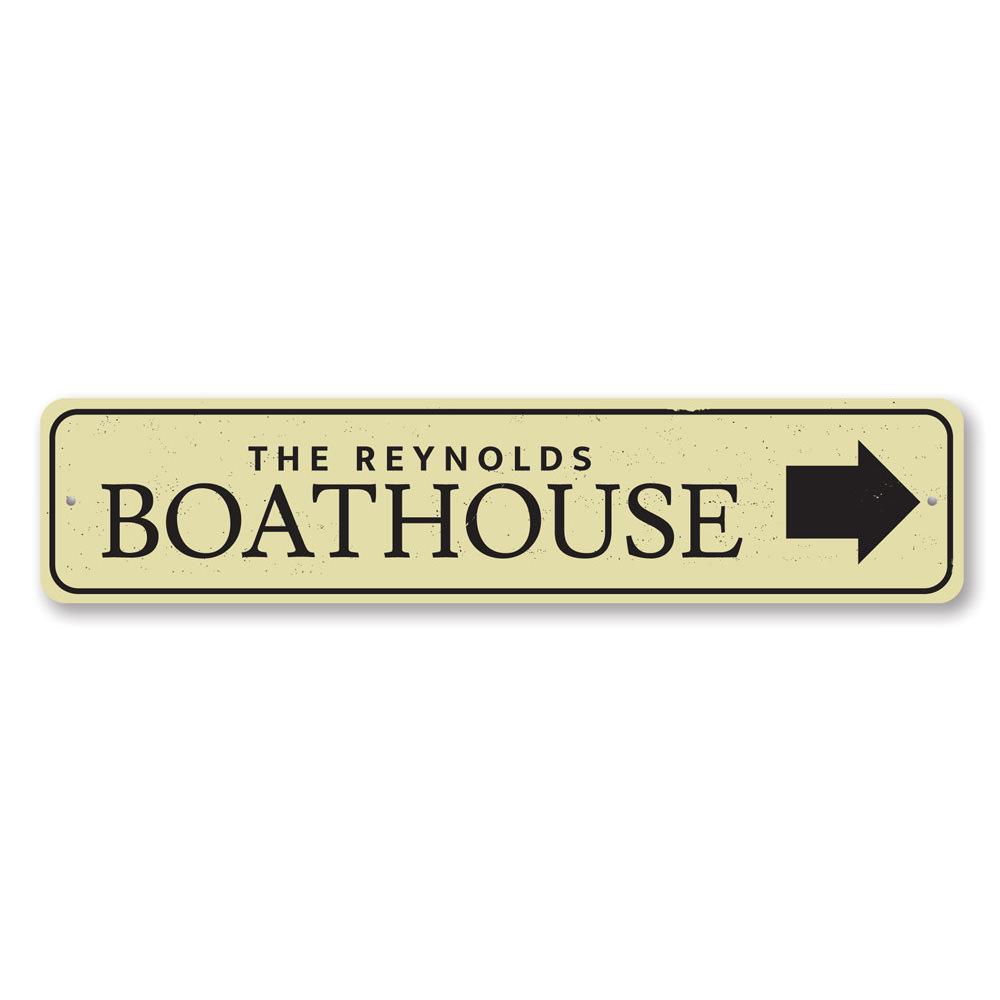 Boat House Arrow Sign made of durable aluminum, featuring customizable text and a rustic design, perfect for lakehouse decor.