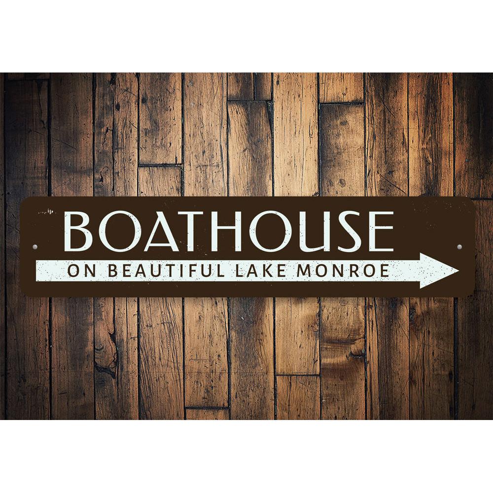 A beautifully crafted Boat House Lake Sign made from high-quality aluminum, featuring customizable text and a rustic design, perfect for lakehouse decor.