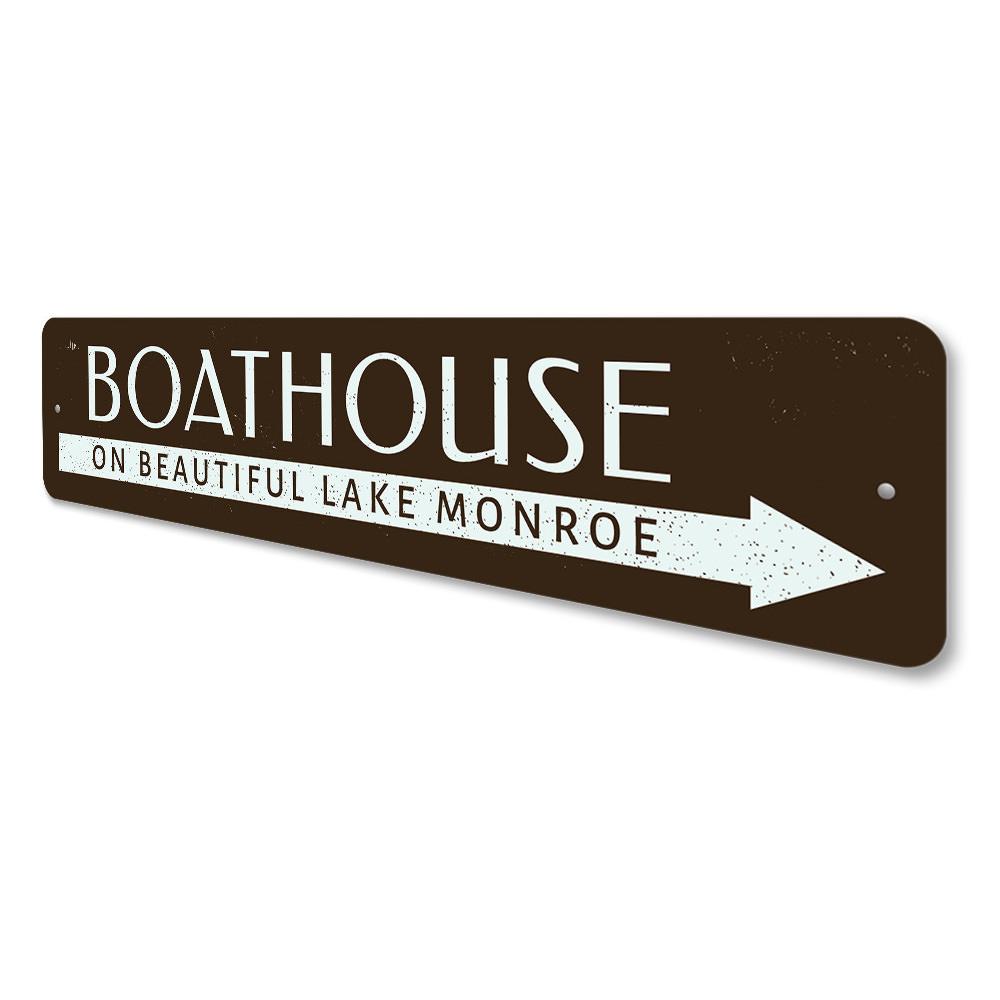 A beautifully crafted Boat House Lake Sign made from high-quality aluminum, featuring customizable text and a rustic design, perfect for lakehouse decor.