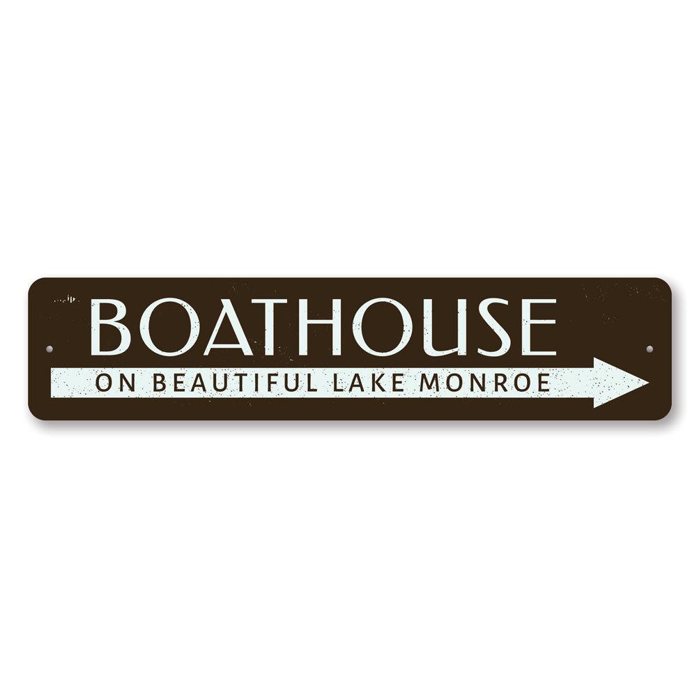 A beautifully crafted Boat House Lake Sign made from high-quality aluminum, featuring customizable text and a rustic design, perfect for lakehouse decor.