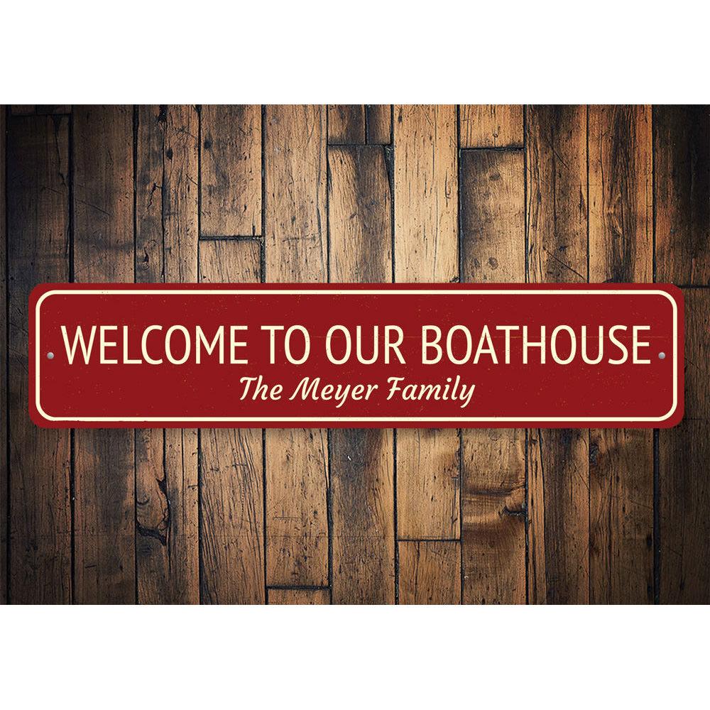 Boat House Welcome Sign made of high-quality aluminum, featuring customizable text for a personalized touch, perfect for lakehouse decor.