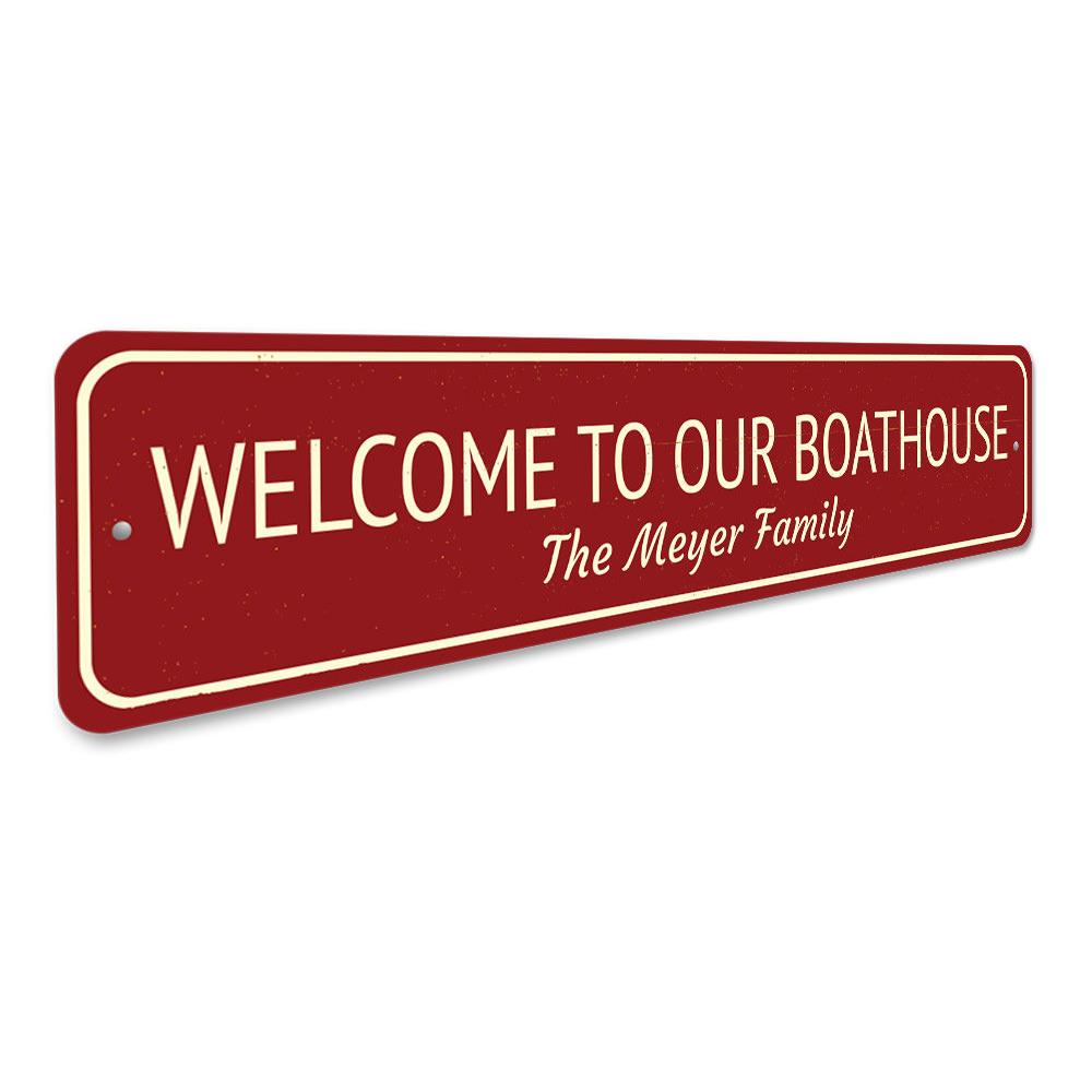 Boat House Welcome Sign made of high-quality aluminum, featuring customizable text for a personalized touch, perfect for lakehouse decor.