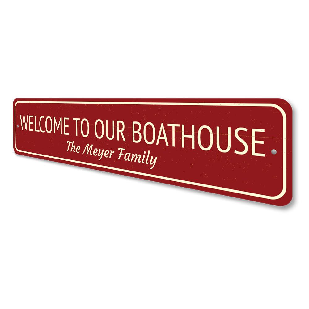 Boat House Welcome Sign made of high-quality aluminum, featuring customizable text for a personalized touch, perfect for lakehouse decor.