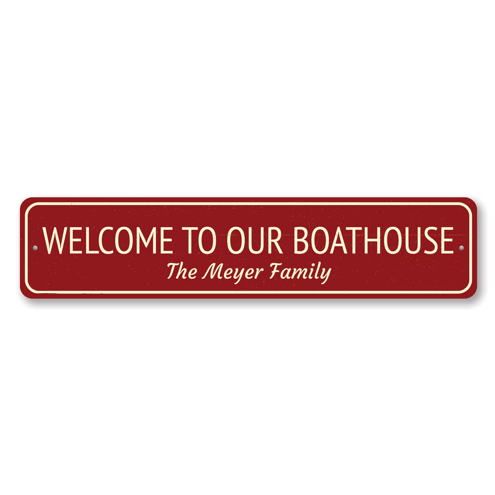 Boat House Welcome Sign made of high-quality aluminum, featuring customizable text for a personalized touch, perfect for lakehouse decor.