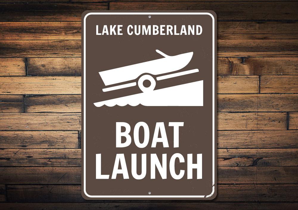 A personalized Boat Launch Lake Name Sign made of high-quality aluminum, featuring customizable text and pre-drilled holes for easy mounting.