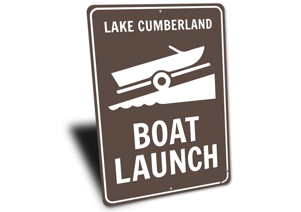 A personalized Boat Launch Lake Name Sign made of high-quality aluminum, featuring customizable text and pre-drilled holes for easy mounting.