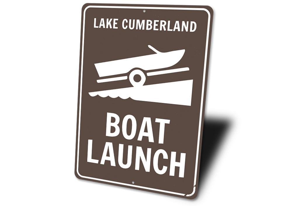 A personalized Boat Launch Lake Name Sign made of high-quality aluminum, featuring customizable text and pre-drilled holes for easy mounting.