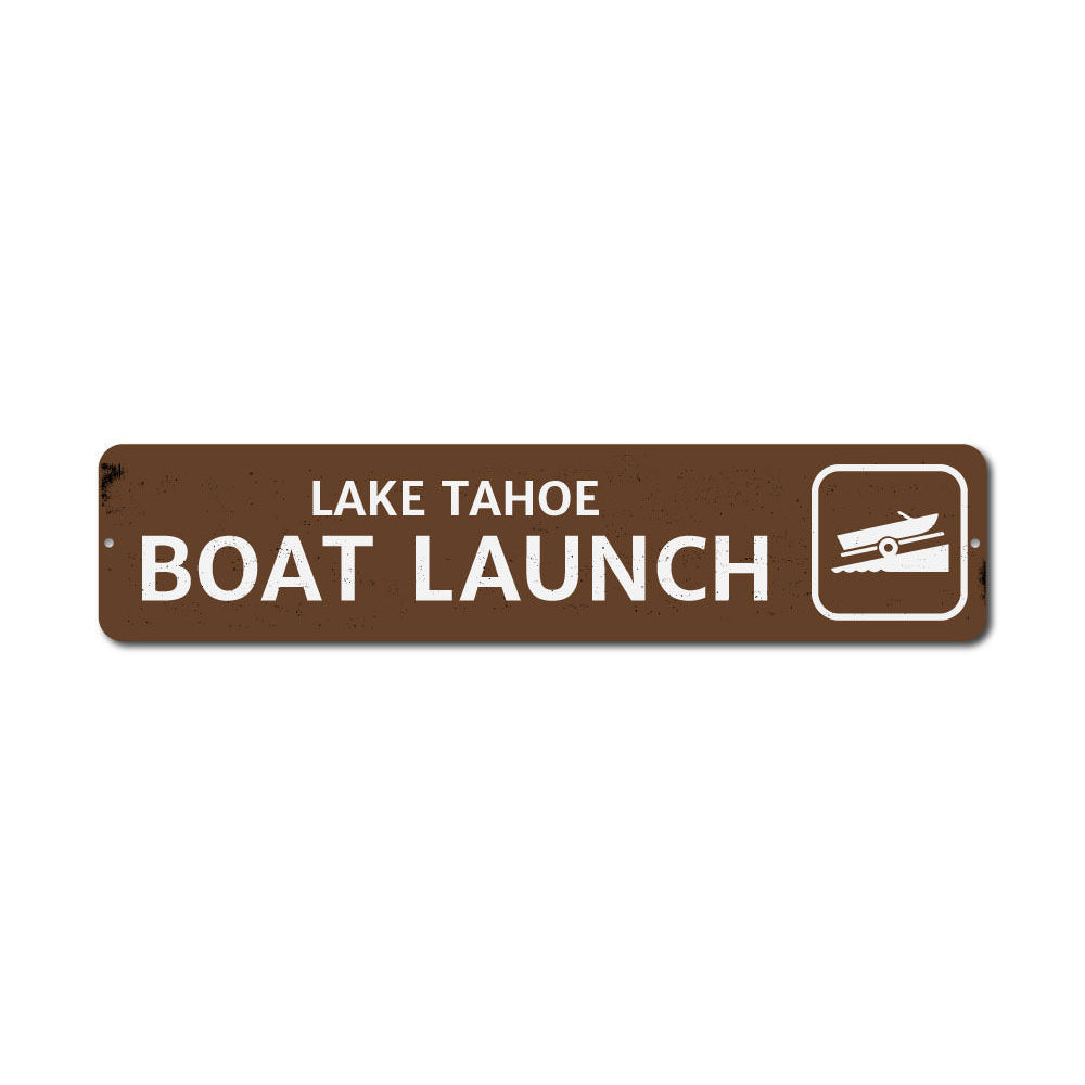 A decorative Boat Launch Lake Sign made of high-quality aluminum, featuring customizable text, ideal for lakehouses and outdoor decor.