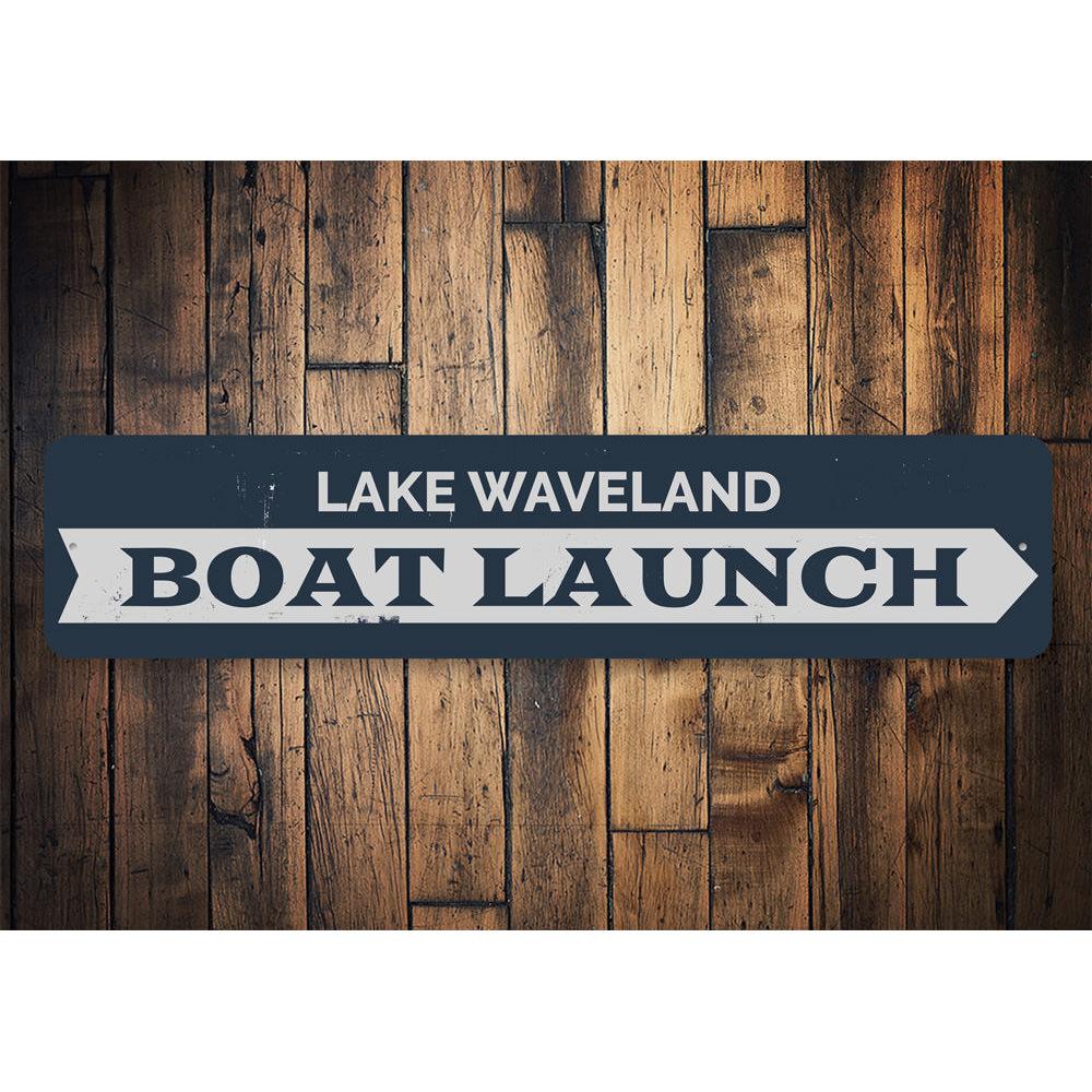 A beautifully crafted Boat Launch Sign made of durable aluminum, featuring customizable text, perfect for lakeside homes.