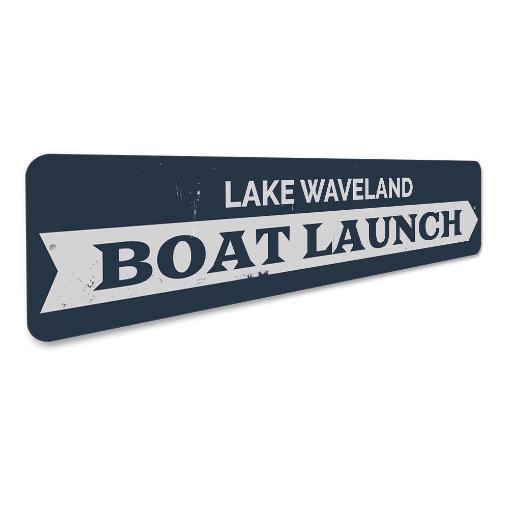 A beautifully crafted Boat Launch Sign made of durable aluminum, featuring customizable text, perfect for lakeside homes.