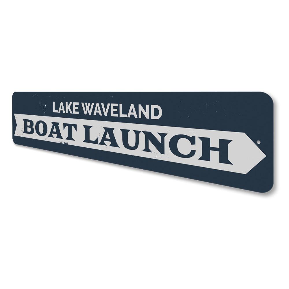 A beautifully crafted Boat Launch Sign made of durable aluminum, featuring customizable text, perfect for lakeside homes.