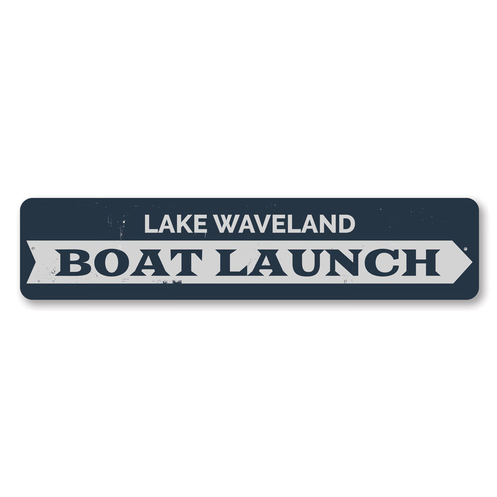 A beautifully crafted Boat Launch Sign made of durable aluminum, featuring customizable text, perfect for lakeside homes.