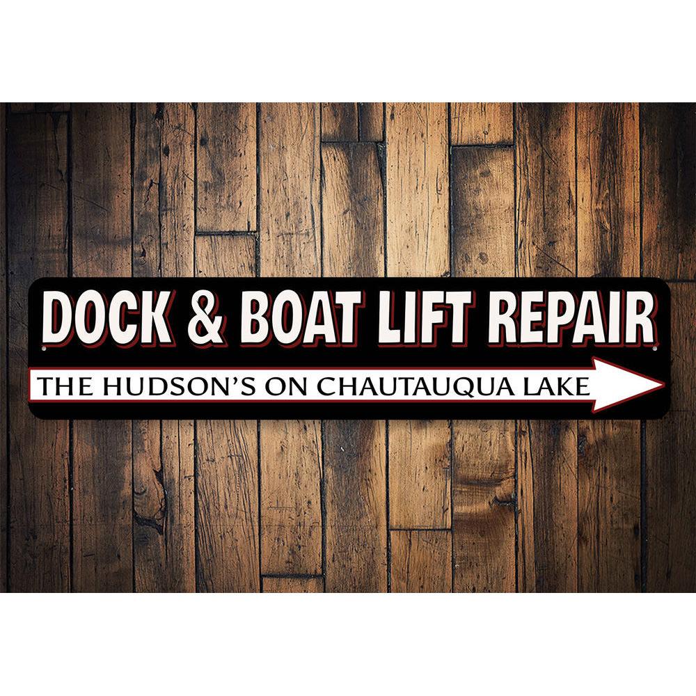 Boat Lift Repair Sign made of high-quality aluminum, customizable with personal text, featuring pre-drilled holes for easy mounting.