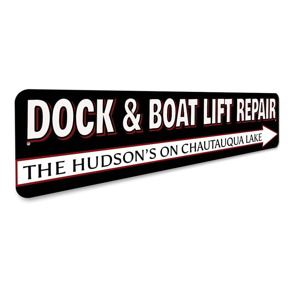 Boat Lift Repair Sign made of high-quality aluminum, customizable with personal text, featuring pre-drilled holes for easy mounting.