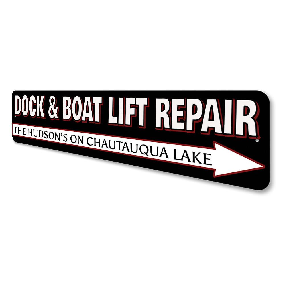 Boat Lift Repair Sign made of high-quality aluminum, customizable with personal text, featuring pre-drilled holes for easy mounting.