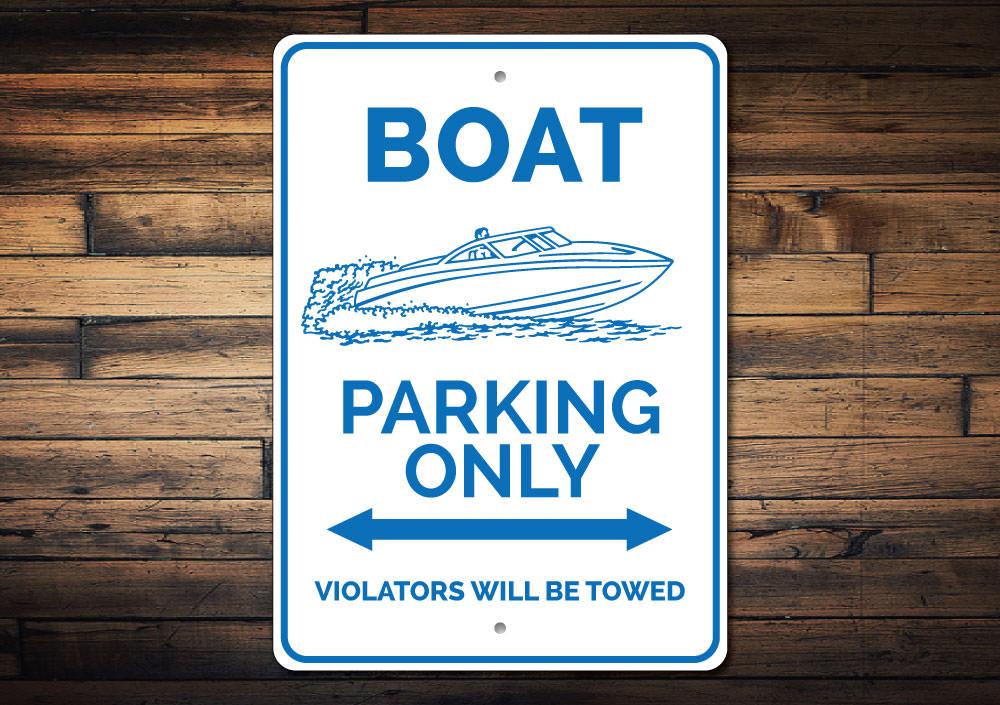 A vibrant Boat Parking Sign made of durable aluminum, featuring customizable text and pre-drilled holes for easy mounting.