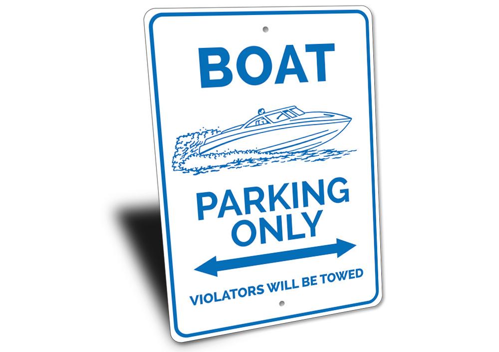 A vibrant Boat Parking Sign made of durable aluminum, featuring customizable text and pre-drilled holes for easy mounting.