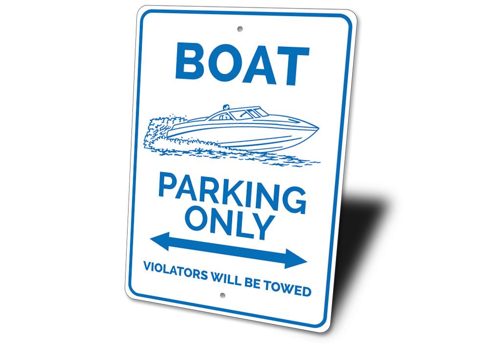 A vibrant Boat Parking Sign made of durable aluminum, featuring customizable text and pre-drilled holes for easy mounting.