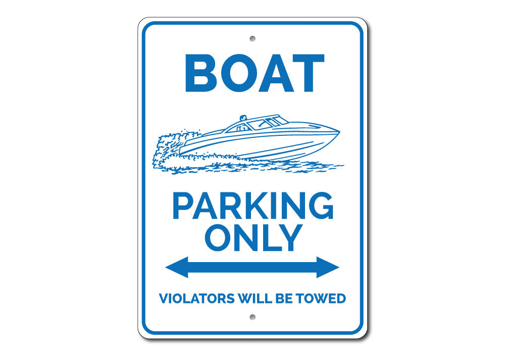 A vibrant Boat Parking Sign made of durable aluminum, featuring customizable text and pre-drilled holes for easy mounting.