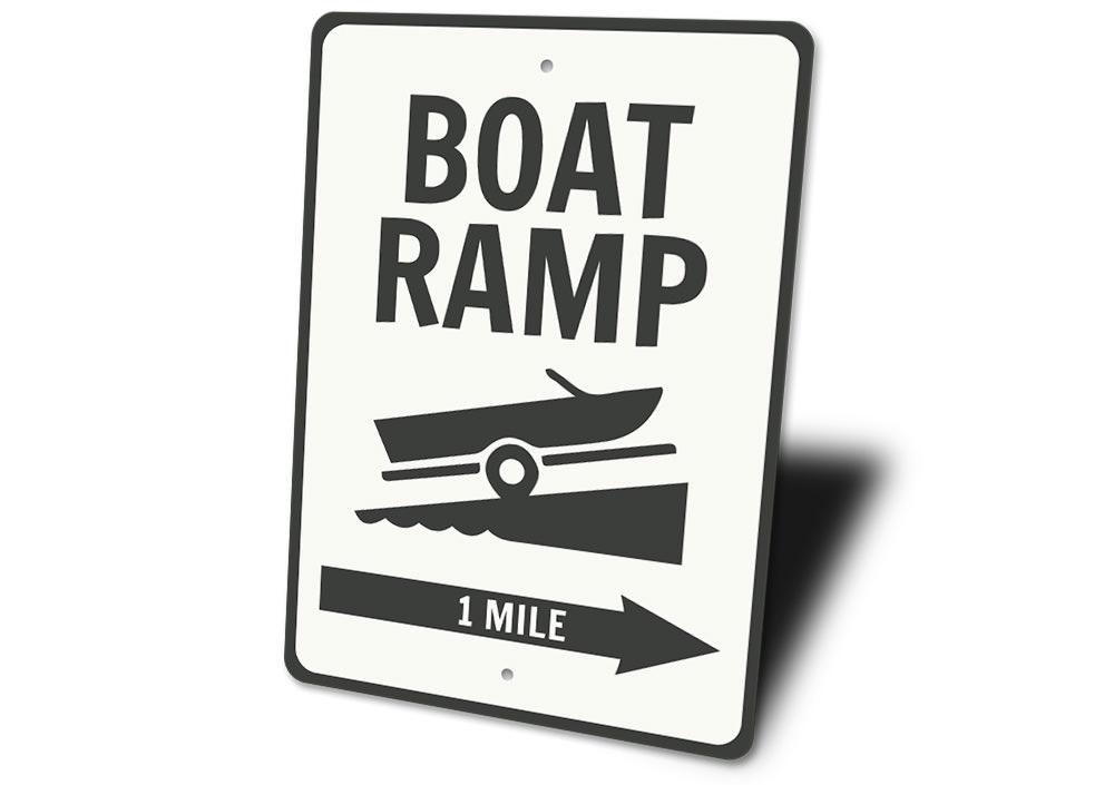 Boat Ramp Directional Sign made of durable aluminum, featuring customizable text and pre-drilled holes for easy mounting, perfect for lakehouse decor.