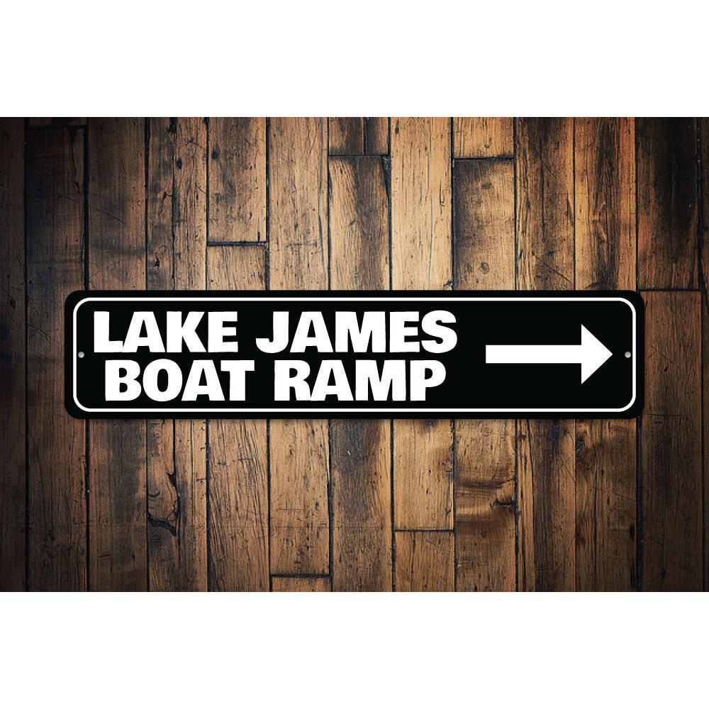 Customizable Boat Ramp Sign made from durable aluminum, featuring pre-drilled holes for easy mounting, perfect for lakeside homes.