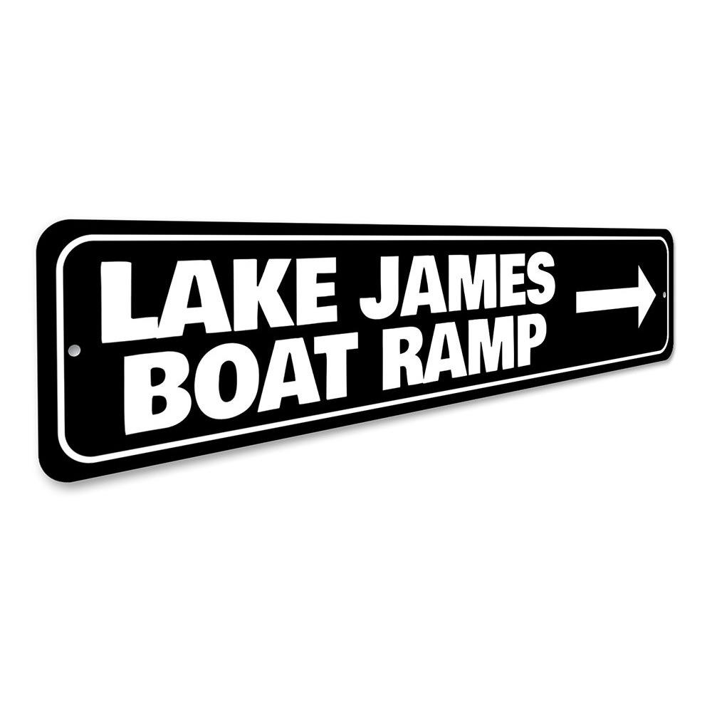 Customizable Boat Ramp Sign made from durable aluminum, featuring pre-drilled holes for easy mounting, perfect for lakeside homes.