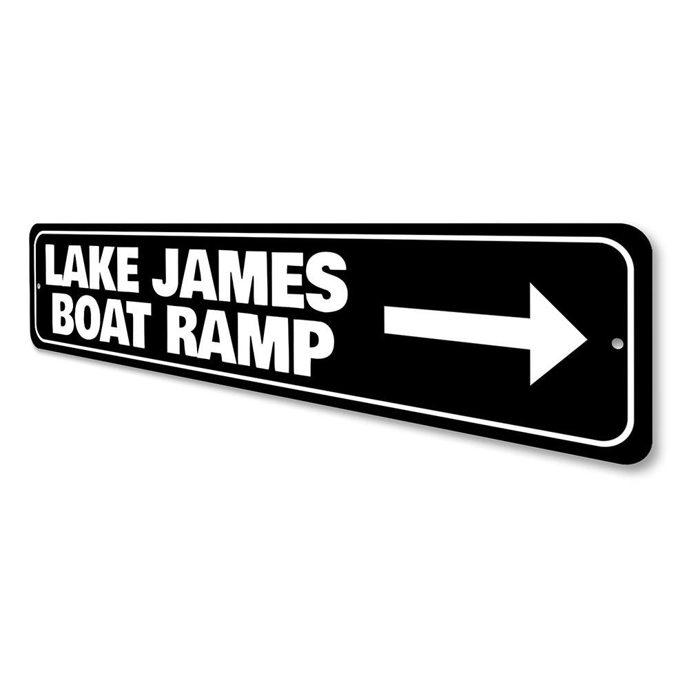 Customizable Boat Ramp Sign made from durable aluminum, featuring pre-drilled holes for easy mounting, perfect for lakeside homes.