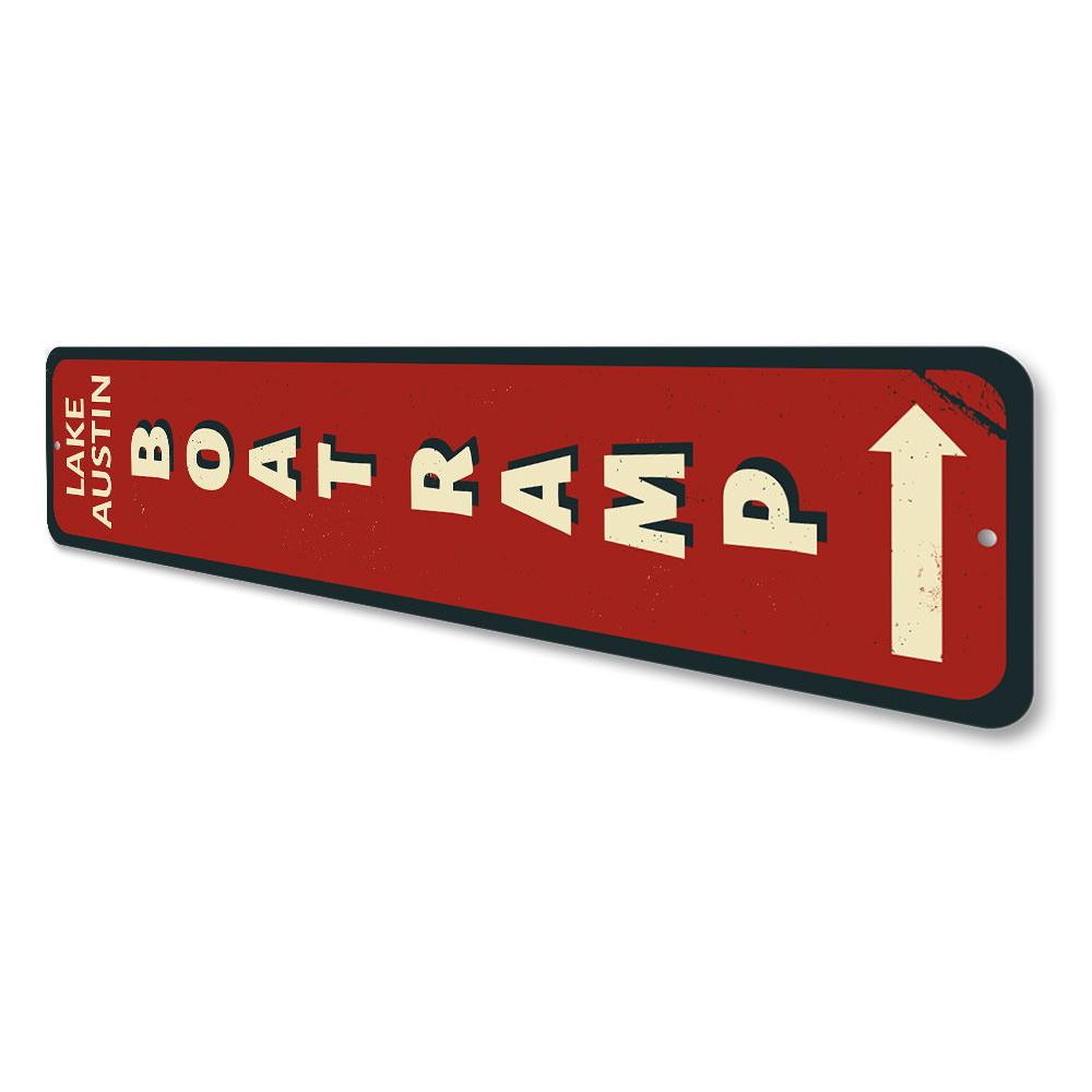 Boat Ramp Vertical Sign made of durable aluminum, featuring customizable text for lakehouse decor.