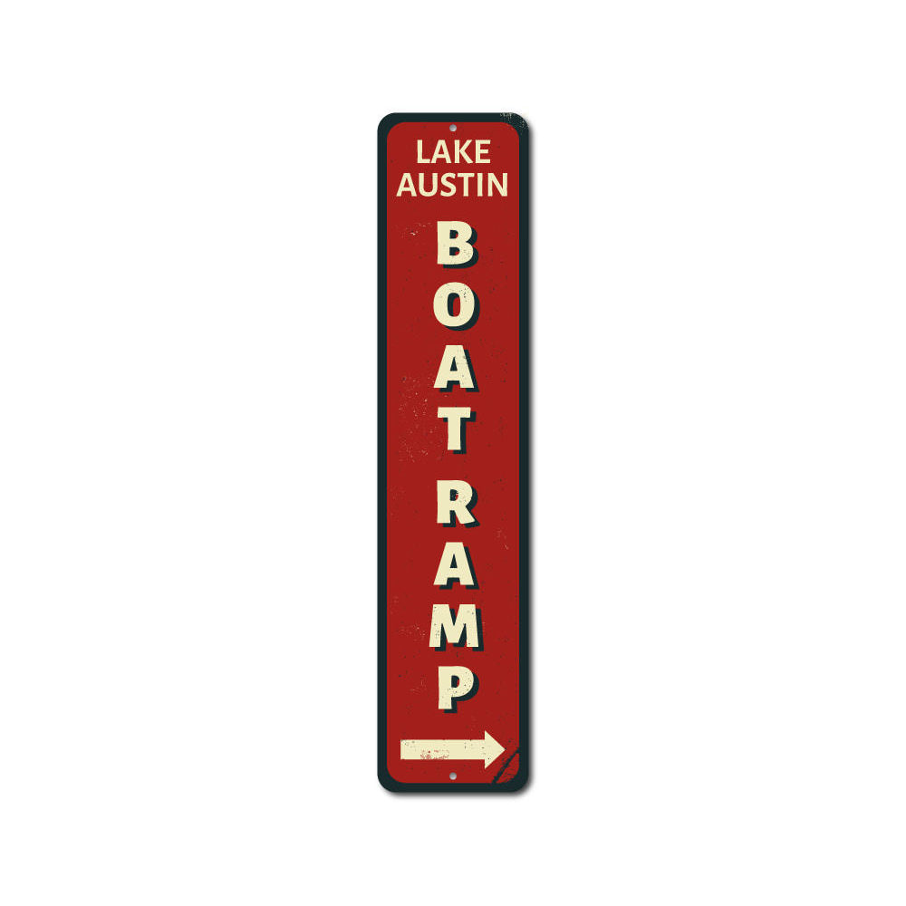 Boat Ramp Vertical Sign made of durable aluminum, featuring customizable text for lakehouse decor.