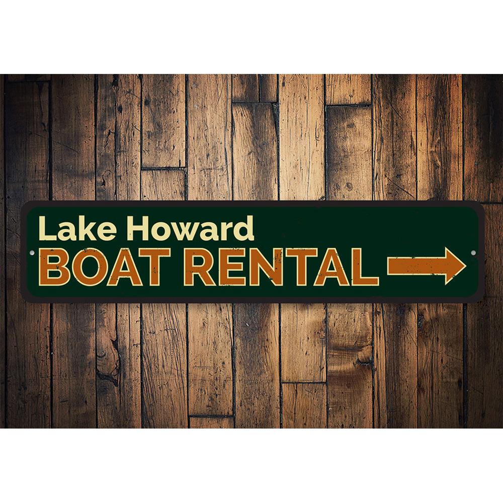 Boat Rental Arrow Sign made of durable aluminum, featuring customizable text for personalized lakeside decor.