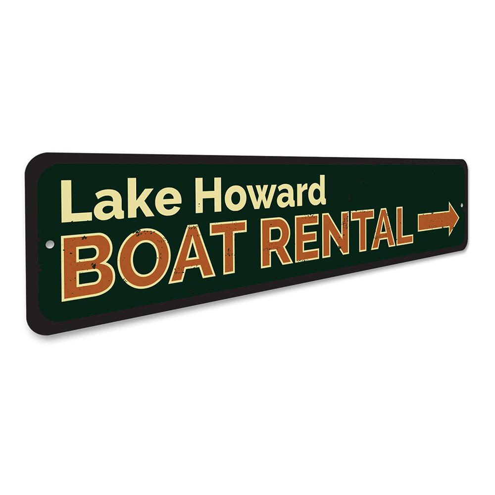 Boat Rental Arrow Sign made of durable aluminum, featuring customizable text for personalized lakeside decor.