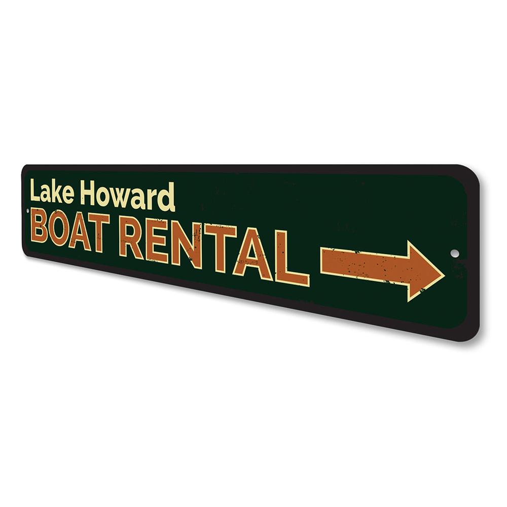 Boat Rental Arrow Sign made of durable aluminum, featuring customizable text for personalized lakeside decor.