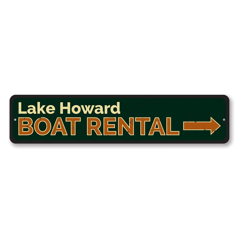 Boat Rental Arrow Sign made of durable aluminum, featuring customizable text for personalized lakeside decor.