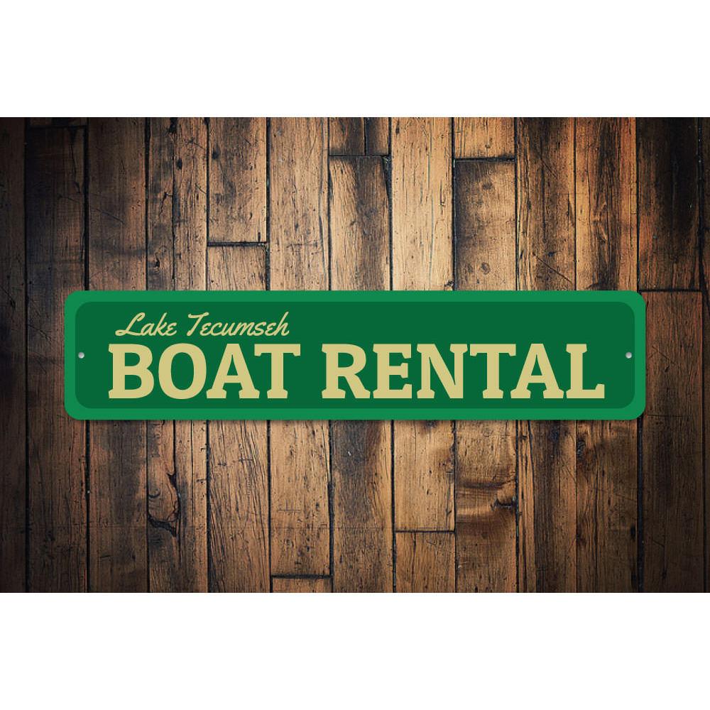 A decorative Boat Rental Sign made of high-quality aluminum, featuring customizable text, ideal for lakehouse decor.