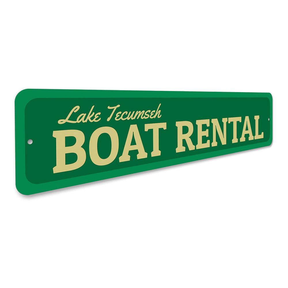 A decorative Boat Rental Sign made of high-quality aluminum, featuring customizable text, ideal for lakehouse decor.