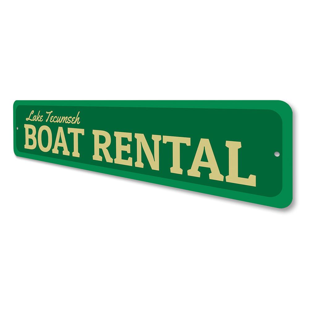 A decorative Boat Rental Sign made of high-quality aluminum, featuring customizable text, ideal for lakehouse decor.