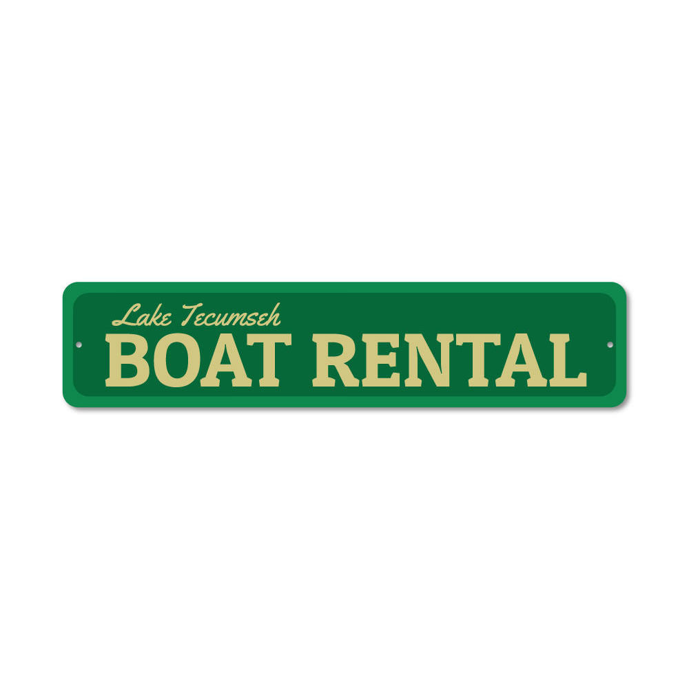 A decorative Boat Rental Sign made of high-quality aluminum, featuring customizable text, ideal for lakehouse decor.